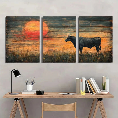 3pcs Sunset Cow Scene Vibrant Metal Print Ready to Hang Art