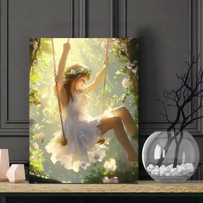 Elegant Girl in White Dress Garden Swing  40x60cm Metal Print Ready to Hang