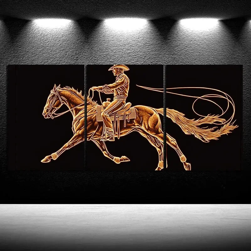 3pcs A Man Riding a Horse Golden Themed Metal Print Ready to Hang Art