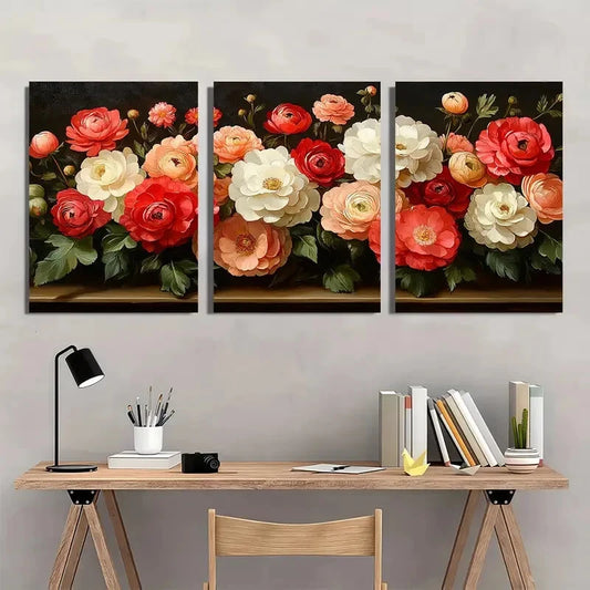 3pcs White Hydrangea & Mixed Ranunculus Metal Print Ready to Hang Art