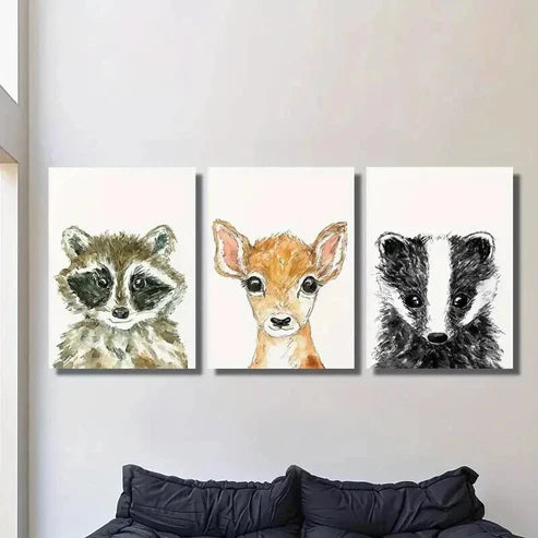 3pcs Baby Raccoon Cute Deer and Badger Wall Art Set Canvas Unframed - High Quality Print 100% Australian Made Wall Canvas