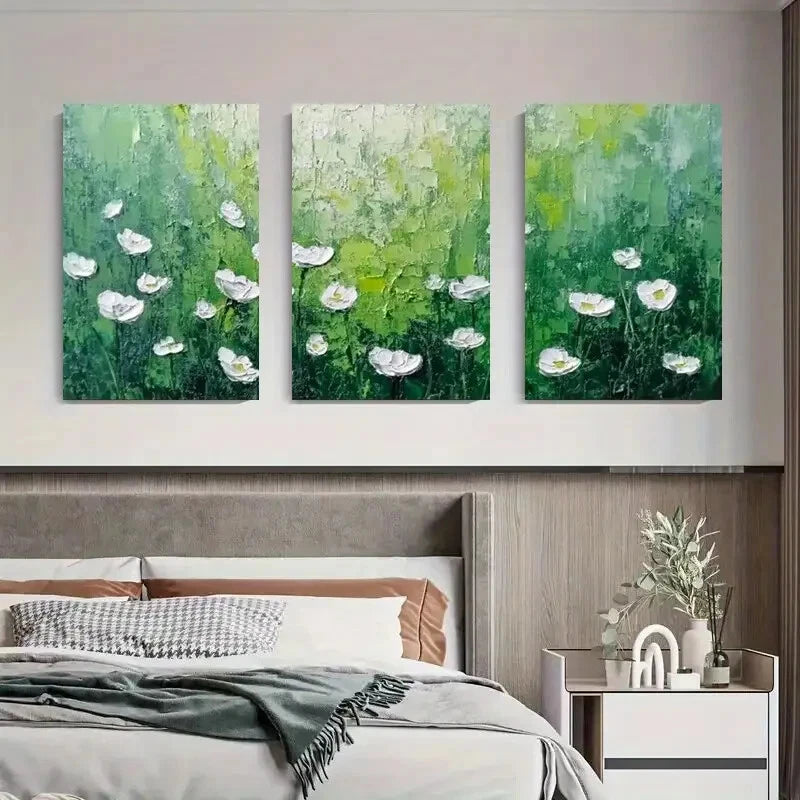 3pcs White Flowers on Green Background Metal Print Ready to Hang Art