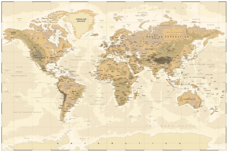 Vintage Physical World Map with details 91x61cm poster AU