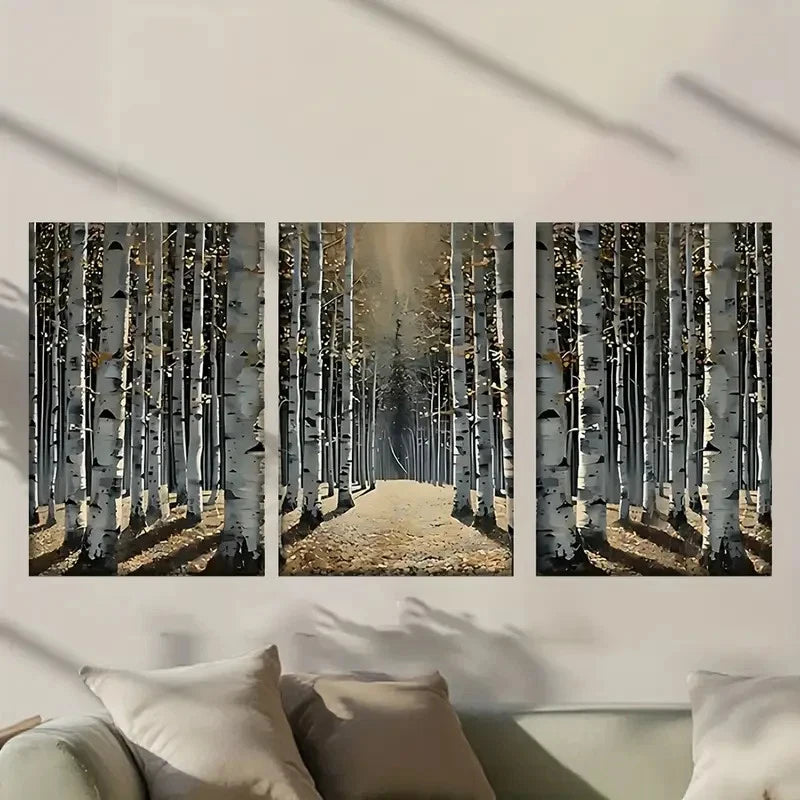 3pcs Forest Filled with White Birch Trees Wall Art Set Canvas Framed 60x90cm - High Quality Print 100% Australian Made Wall Canvas Ready to Hang