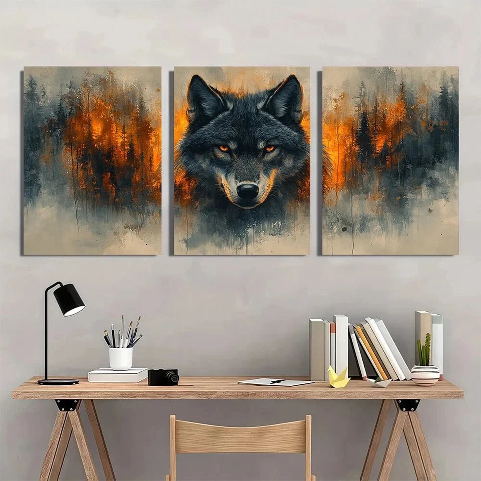 3pcs Dark Fantasy Gothic Wolf Golden Eyes Black Metal Print Ready to Hang Art