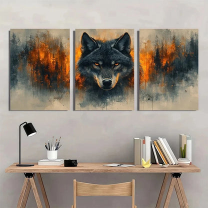 3pcs Dark Fantasy Gothic Wolf Golden Eyes Black Metal Print Ready to Hang Art