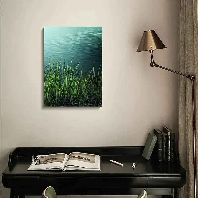 Emerald Water Grass Meadow Painting  40x60cm Metal Print Ready to Hang