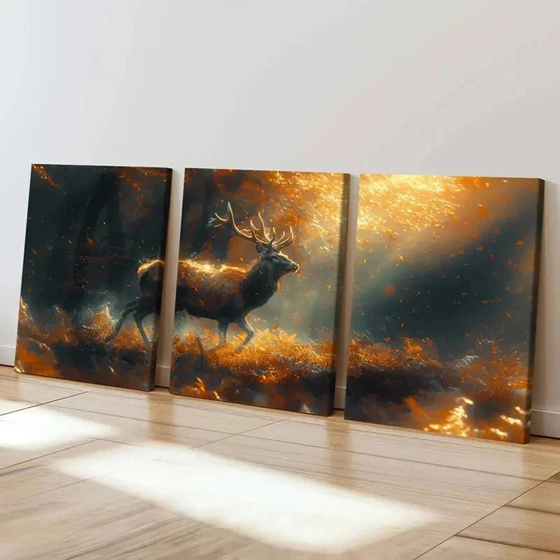 3pcs Deer In The Forest Vintage Animal Wall Art Set Canvas Framed 40x60cm - High Quality Print 100% Australian Made Wall Canvas Ready to Hang