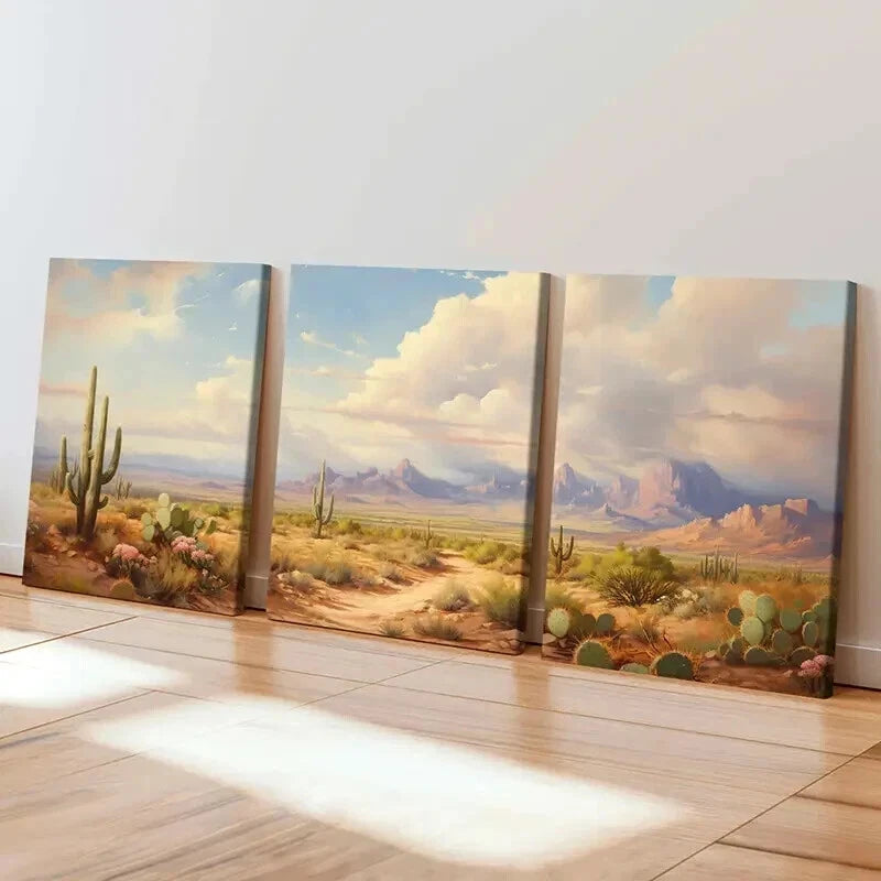 3pcs Cactus Mountain Desert Vintage Wall Art Set Canvas Framed 40x60cm - High Quality Print 100% Australian Made Wall Canvas Ready to Hang