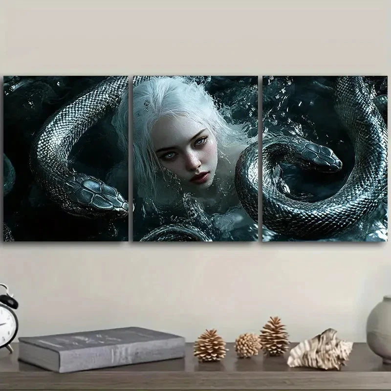 3pcs The Girl Next to the Black Snake I Wall Art Set Canvas Framed 60x90cm - High Quality Print 100% Australian Made Wall Canvas Ready to Hang