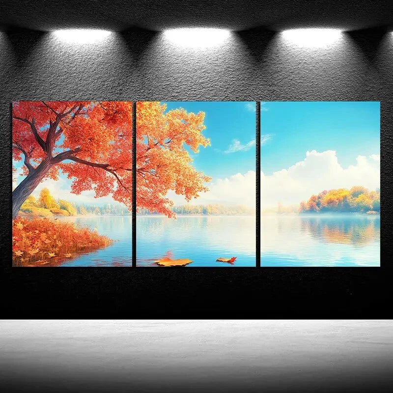 3pcs Autumn Lake Scene Nature Scenery Metal Print Ready to Hang Art