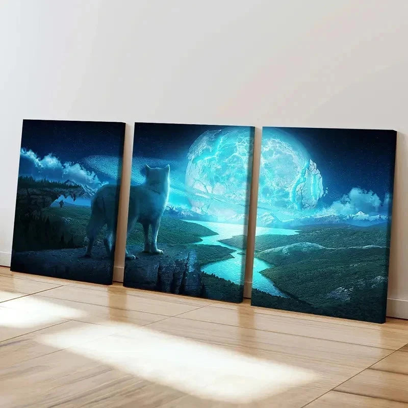 3pcs Plains Under Full Moon and Wolf Wall Art Set Canvas Framed 40x60cm - High Quality Print 100% Australian Made Wall Canvas Ready to Hang