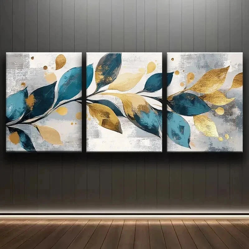 3pcs Abstract Leaves Golden And Teal Wall Art Set Canvas Framed 40x60cm - High Quality Print 100% Australian Made Wall Canvas Ready to Hang