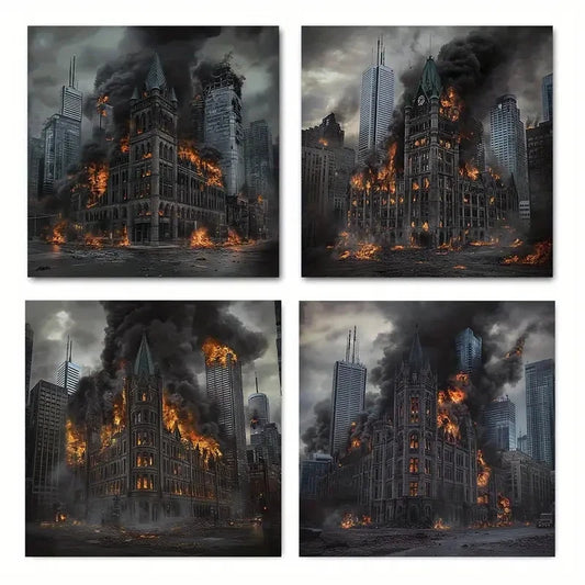 4pcs Fire-Ravaged Cityscape with DramaticWall Art Canvas Framed