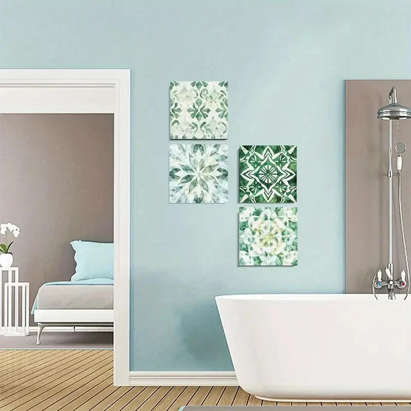 4pcs Flower Pattern Green Boho Indian Wall Art Canvas Framed