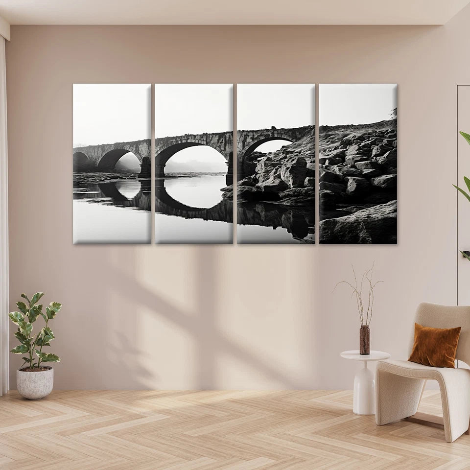 4pcs Black & White Stone Arch Bridge River Wall Art Canvas Framed 45x80cm - High Quality Print 100% Australian Made Wall Canvas Ready to Hang