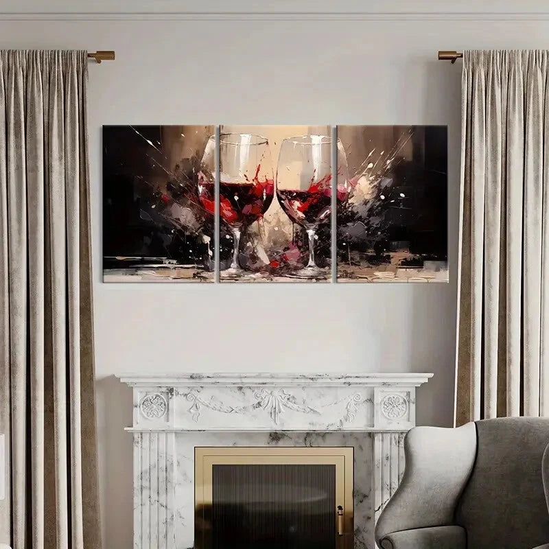 3pcs Abstract Red Wine Glasses Winery Metal Print Ready to Hang Art
