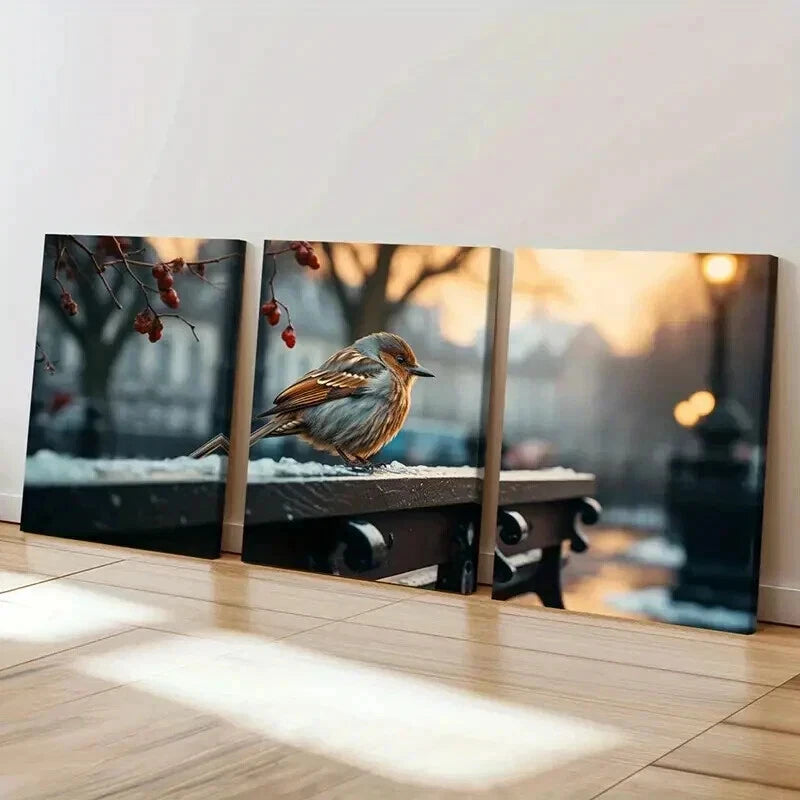 3pcs Birds Sparrows on a Street Painting Wall Art Set Canvas Framed 40x60cm - High Quality Print 100% Australian Made Wall Canvas Ready to Hang