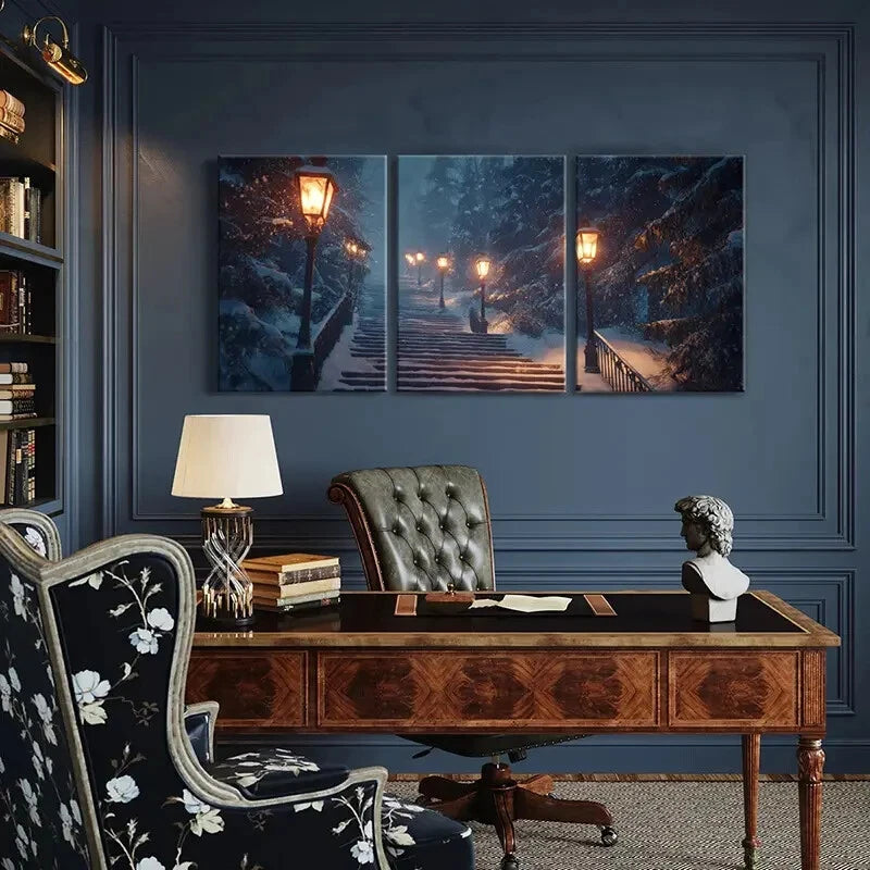 3pcs Winter Wonderland Staircase Snowy Night Metal Print Ready to Hang Art