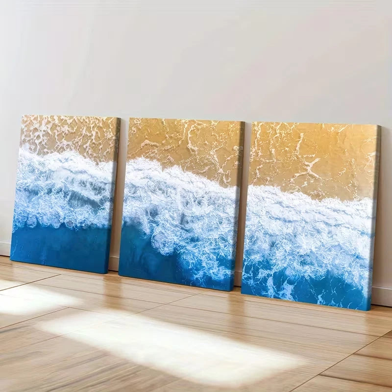 3pcs Ocean Waves, Sandy Beach Nature Wall Art Set Canvas Framed 40x60cm - High Quality Print 100% Australian Made Wall Canvas Ready to Hang
