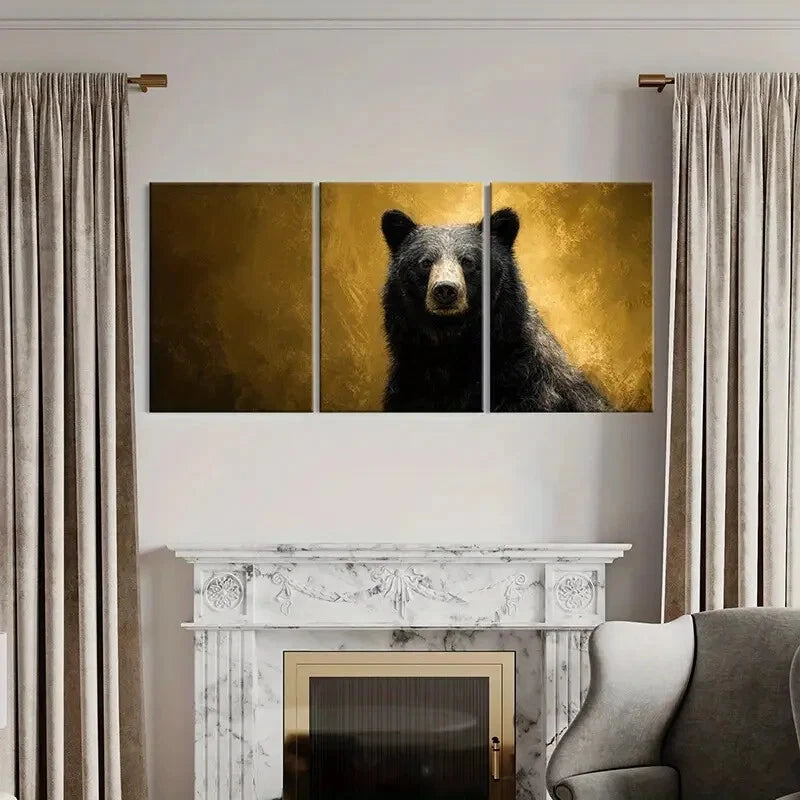 3pcs Black Bear Artwork with Golden Background Metal Print Ready to Hang Art
