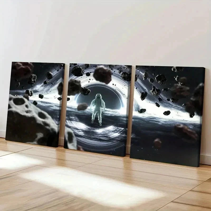 3pcs Space-Themed Astronaut and Black Hole Wall Art Set Canvas Framed 40x60cm - High Quality Print 100% Australian Made Wall Canvas Ready to Hang
