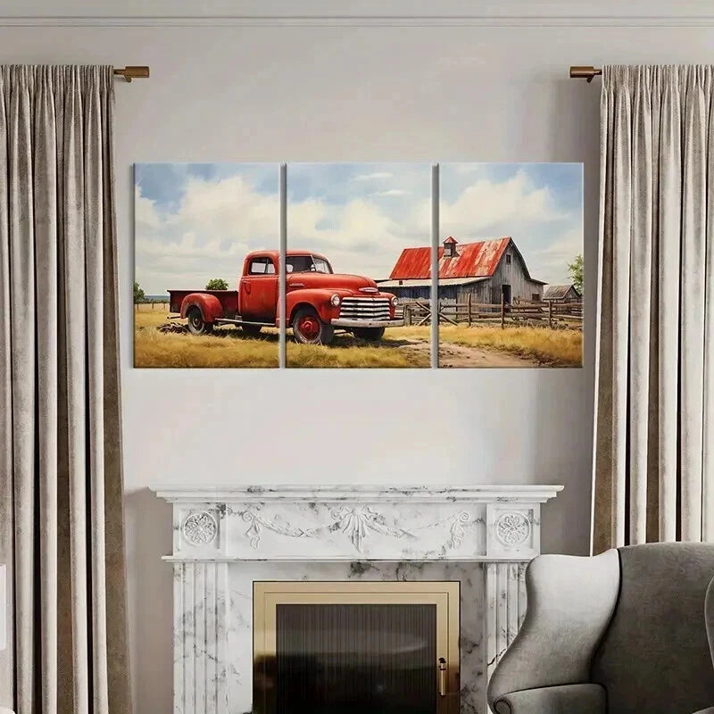 3pcs Retro Country Pickup Truck & Farm Wall Art Set Canvas Framed 40x60cm - High Quality Print 100% Australian Made Wall Canvas Ready to Hang