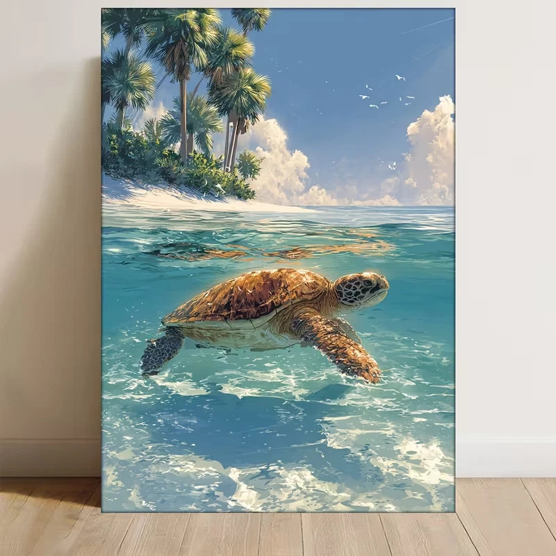 Tropical Sea Turtle & Palm Tree 60x90cm Metal Print Ready to Hang