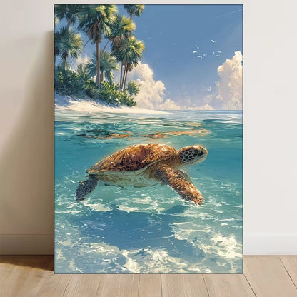 Tropical Sea Turtle & Palm Tree 60x90cm Metal Print Ready to Hang