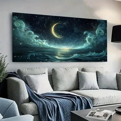 Modern Night Moonlit Stars wall canvas office home room framed 120x60cm