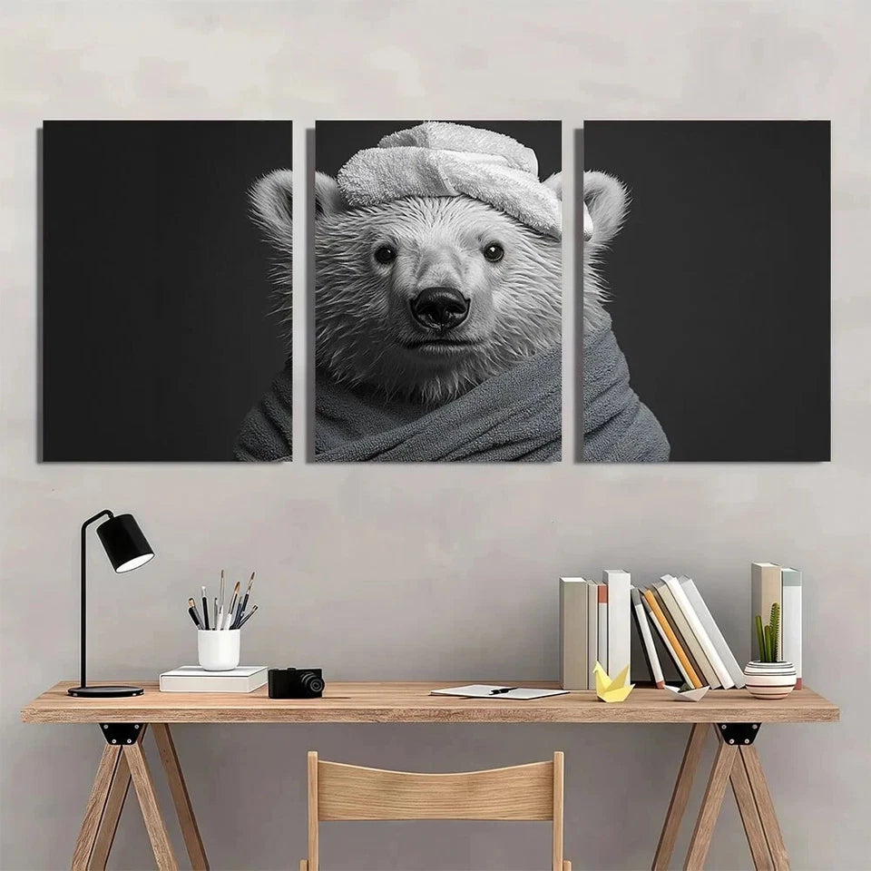 3pcs Polar Bear Black White Funny Whimsical Metal Print Ready to Hang Art