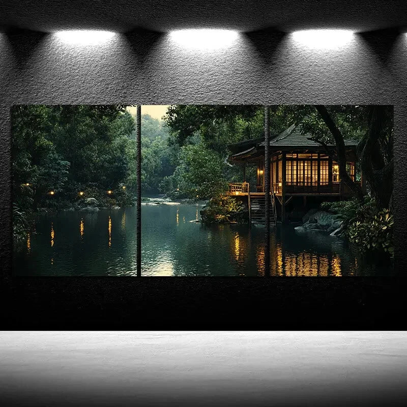 3pcs The Glass House By The River Metal Print Ready to Hang Art
