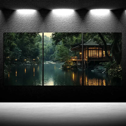 3pcs The Glass House By The River Metal Print Ready to Hang Art