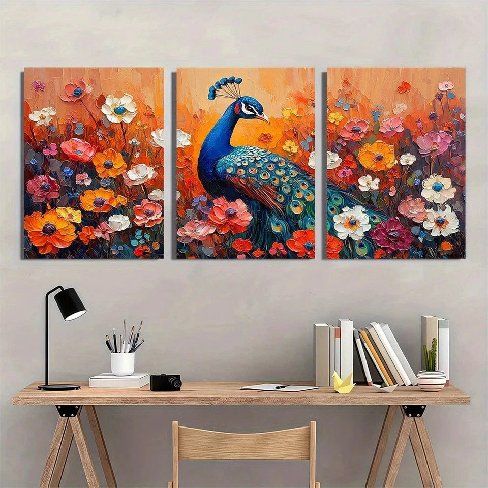 3pcs Vintage Floral Peacock Vibrant Orange Blue Wall Art Set Canvas Framed 60x90cm - High Quality Print 100% Australian Made Wall Canvas Ready to Hang