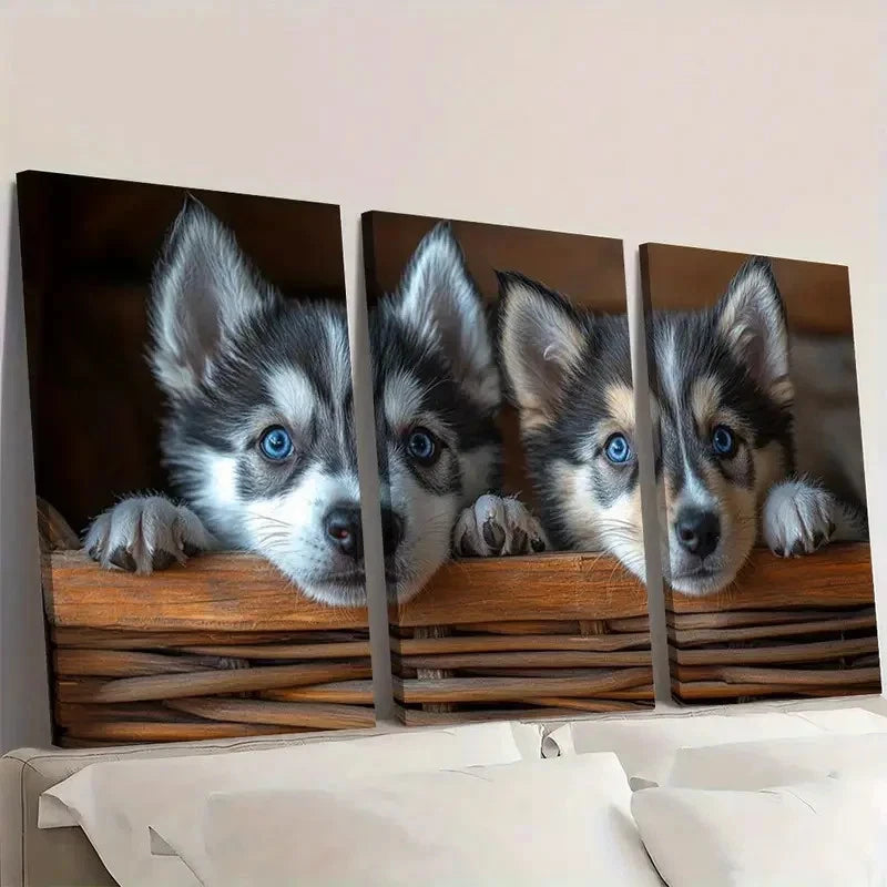 3pcs Adorable Husky Puppies Animal Themed Wall Art Set Canvas Framed 60x90cm - High Quality Print 100% Australian Made Wall Canvas Ready to Hang