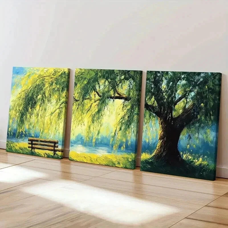 3pcs Willow Tree Serene Lake Wooden Bench Wall Art Set Canvas Framed 40x60cm - High Quality Print 100% Australian Made Wall Canvas Ready to Hang