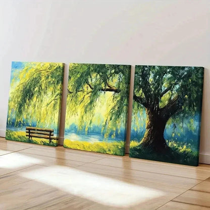 3pcs Willow Tree Serene Lake Wooden Bench Wall Art Set Canvas Framed 40x60cm - High Quality Print 100% Australian Made Wall Canvas Ready to Hang