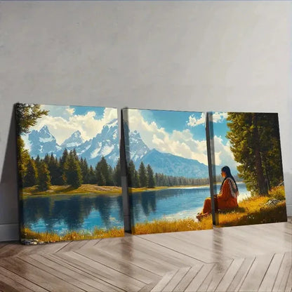 3pcs Girl by the River Blue Sky Nature Perfect Wall Art Set Canvas Unframed - High Quality Print 100% Australian Made Wall Canvas