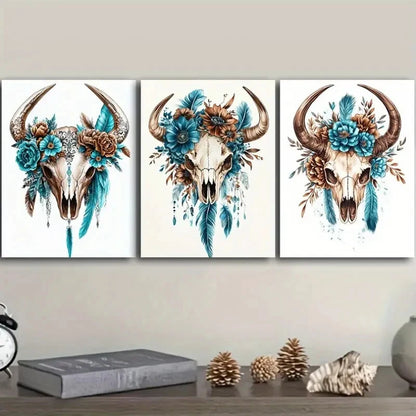 3pcs Oil Paintings Depicting The Skull Of Cow Metal Print Ready to Hang Art