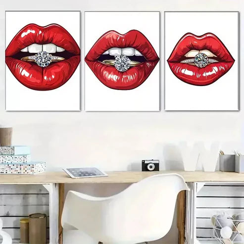 3pcs Glamorous Red Lips with Diamond Ring Wall Art Set Wall Art Canvas Unframed - High Quality Print 100% Australian Made Wall Canvas