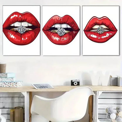 3pcs Glamorous Red Lips with Diamond Ring Wall Art Set Wall Art Canvas Unframed - High Quality Print 100% Australian Made Wall Canvas
