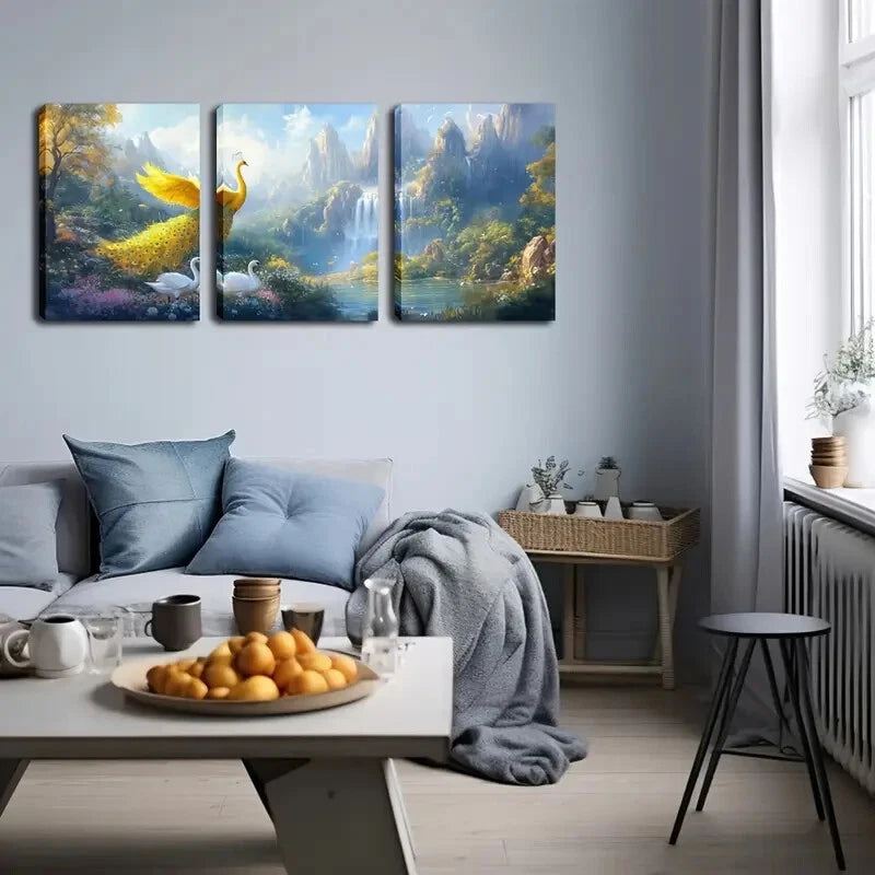 3pcs Golden Peacock And Swan Waterfall Perfect Wall Art Set Canvas Framed 40x60cm - High Quality Print 100% Australian Made Wall Canvas Ready to Hang