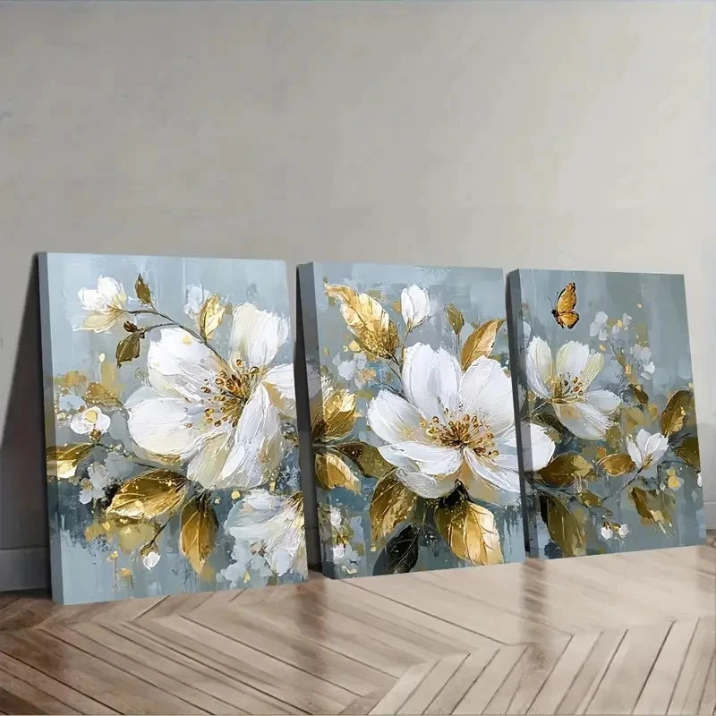 3pcs Golden Butterfly And Leaves Wall Art Set Canvas Framed 50x70cm - High Quality Print 100% Australian Made Wall Canvas Ready to Hang