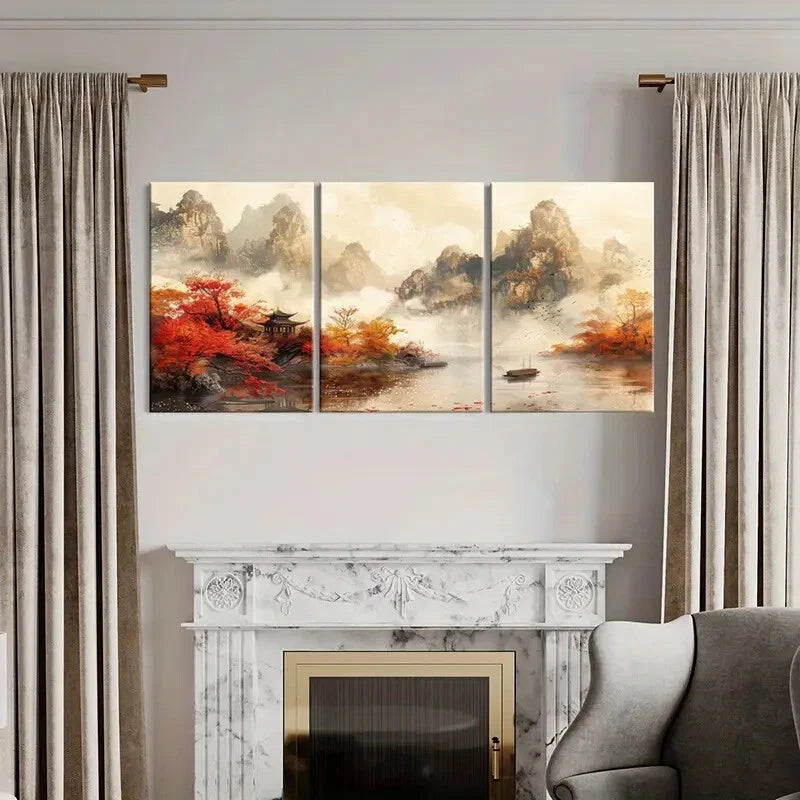3pcs Retro Chinese Traditional Architecture Metal Print Ready to Hang Art