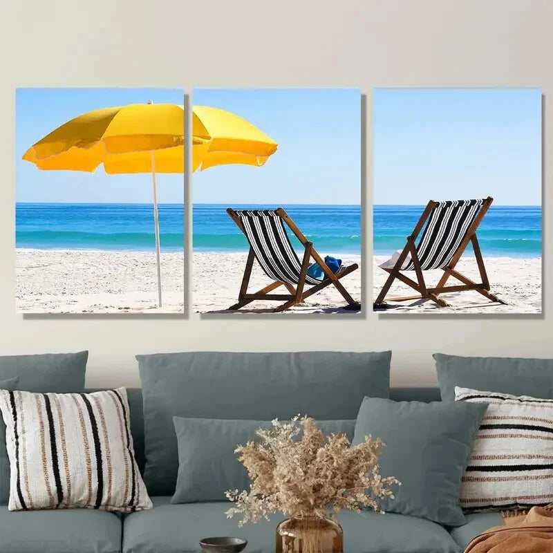 3pcs Vibrant Yellow Umbrella & Lounge Chairs Metal Print Ready to Hang Art