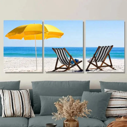 3pcs Vibrant Yellow Umbrella & Lounge Chairs Metal Print Ready to Hang Art