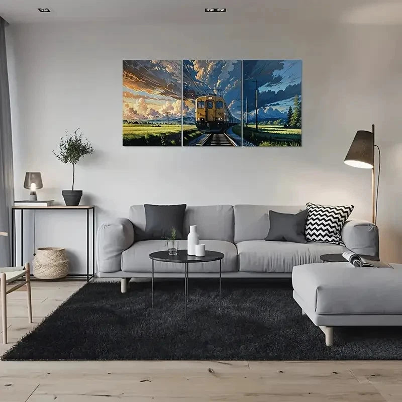3pcs Train Journey Through Scenic Landscape Metal Print Ready to Hang Art