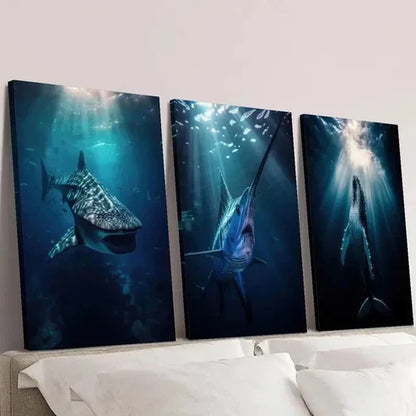 3pcs Whale Shark Swordfish Blue Whale Aquatic Wall Art Set Canvas Unframed - High Quality Print 100% Australian Made Wall Canvas