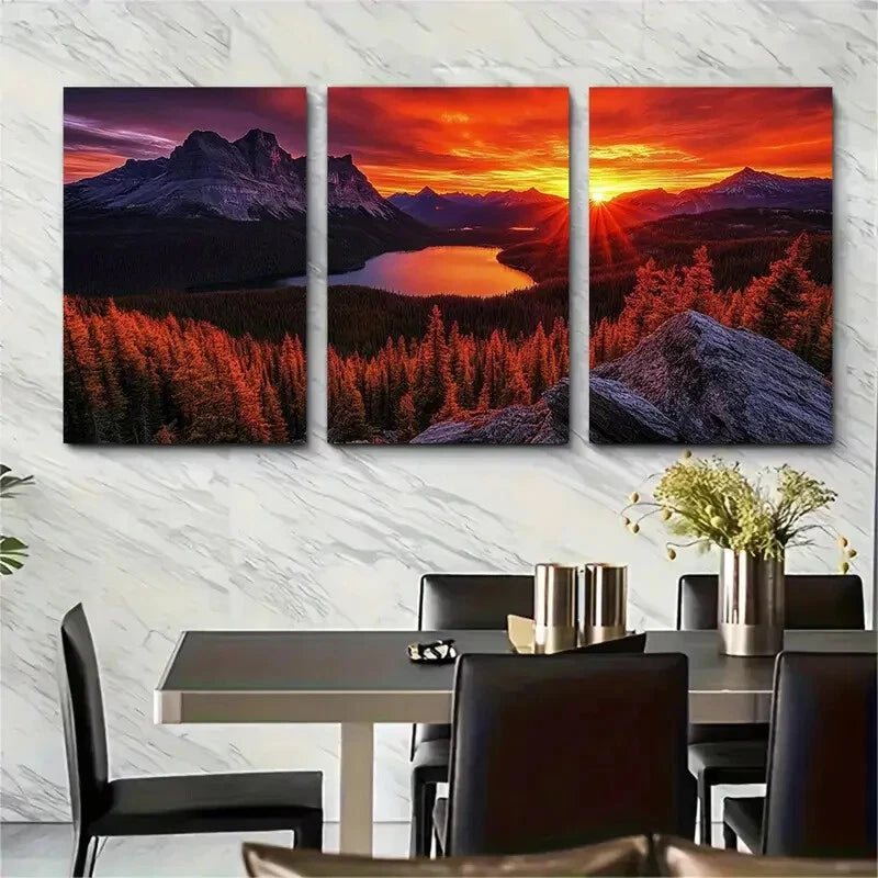 3pcs Forest and Lake at Sunset Beautiful Nature Metal Print Ready to Hang Art