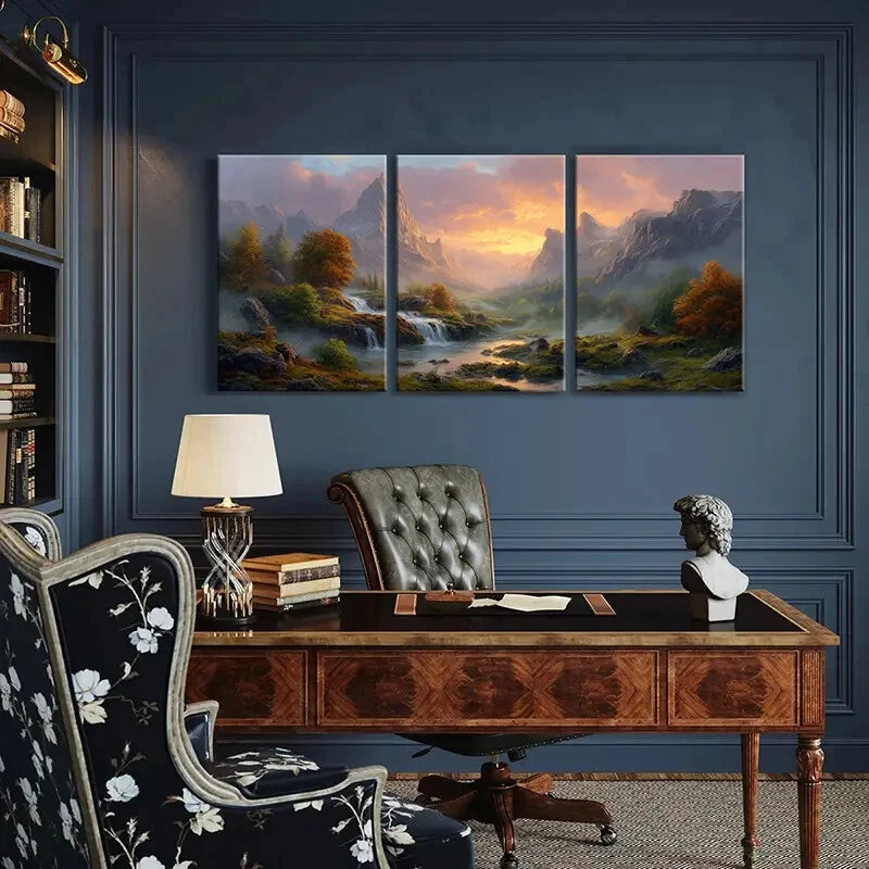 3pcs Autumn Trees Waterfall Sunset Glow Metal Print Ready to Hang Art